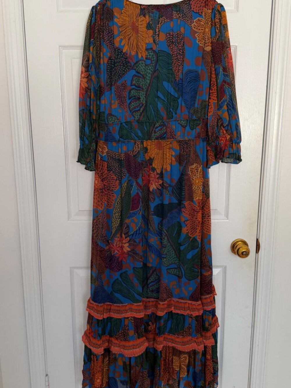Farm Rio X Anthropologie Puff Sleeve M - 8 / 10 Blue Green Tropical Floral Maxi - Picture 4 of 6